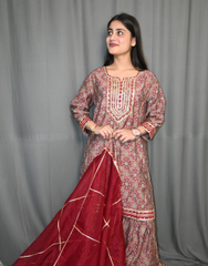 Floral Printed Sharara Suit with Red Organza Dupatta