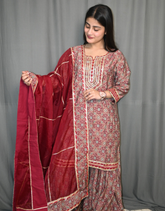 Floral Printed Sharara Suit with Red Organza Dupatta