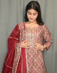 Floral Printed Sharara Suit with Red Organza Dupatta