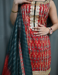 Traditional Printed Sharara Suit with Dual-Tone Dupatta