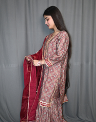 Floral Printed Sharara Suit with Red Organza Dupatta