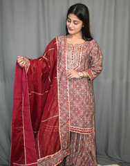 Floral Printed Sharara Suit with Red Organza Dupatta